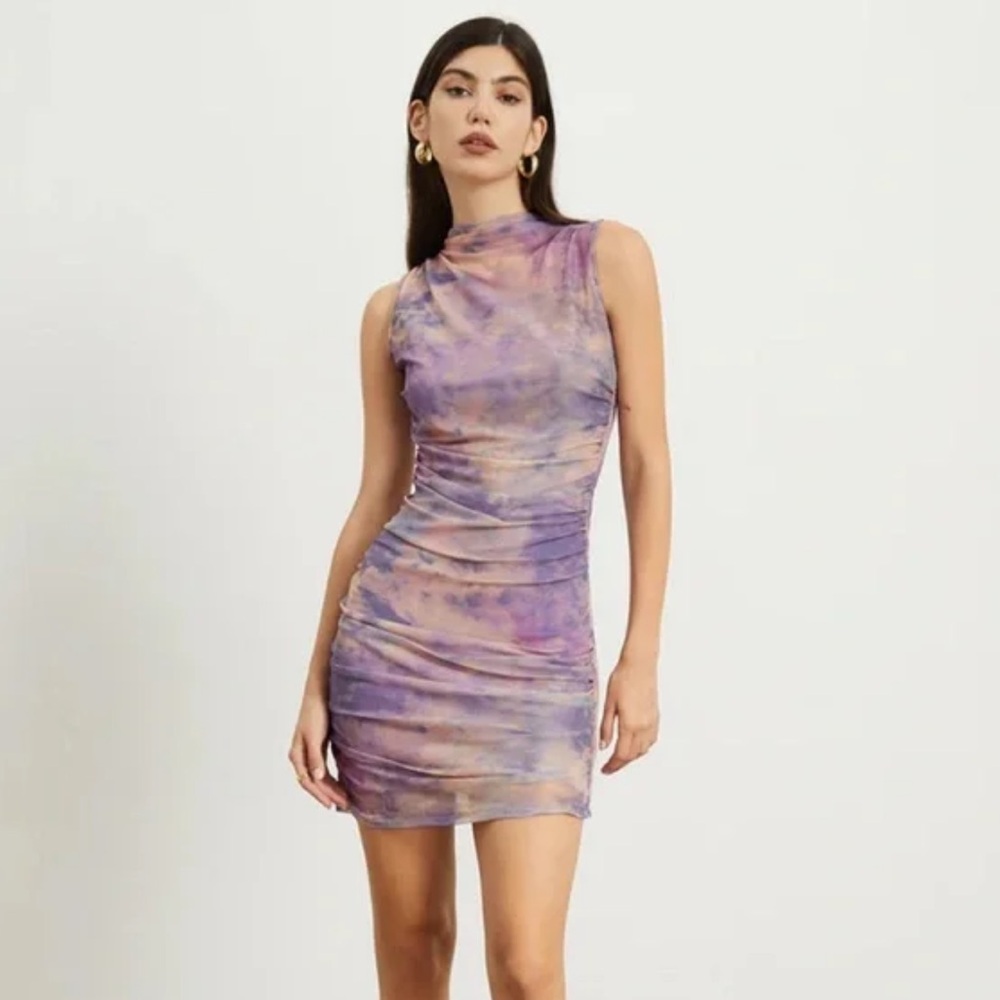 Commense Tie Dye Mock Neck Mesh Short Mini Dress Sleeveless Dress Size Small
